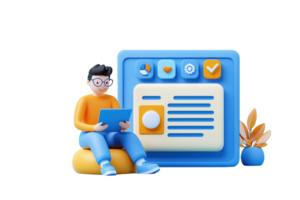 A 3D character engages with a digital interface, exploring features on a device while surrounded by decorative elements. png