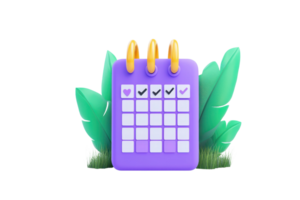 A colorful calendar with checkmarks, featuring three rings and surrounded by stylized leaves. png