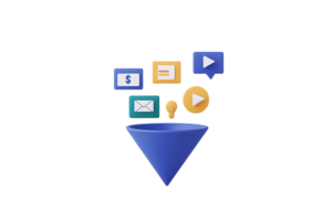 A blue funnel with various icons representing different types of information or services flowing into it. png