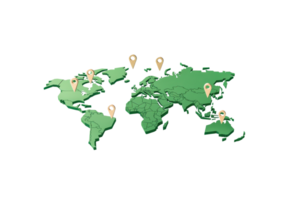 A green world map with location markers indicating various geographical points. png