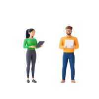 Two stylized characters, a woman in green holding a tablet and a man in orange holding a sheet of paper, engage in a discussion. png