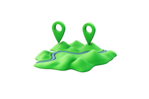 A vibrant green landscape featuring two location pins and a winding river, representing navigation and geographical exploration. png