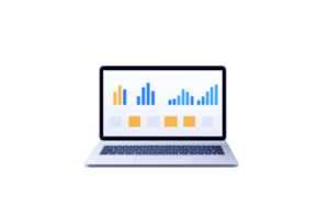 A laptop displaying colorful data visualization graphs and charts. png