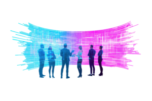A group of silhouetted figures engaged in discussion in front of a vibrant, colorful digital display. png