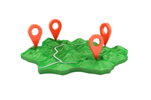 uma 3d topográfico mapa apresentando múltiplo vermelho localização alfinetes, destacando específico pontos do interesse em uma texturizado verde panorama. png