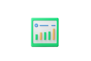 A green square icon featuring a graph with bar charts in varying heights and a checkmark symbol, representing data analysis and progress tracking. png