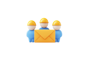 Three cartoon figures wearing hard hats stand together, holding an envelope, symbolizing communication and teamwork in a construction context. png