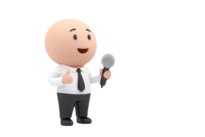 A cheerful character in a business suit holds a microphone, appearing ready to engage or present in a speaking scenario. png