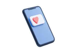 A smartphone displaying a heart icon on its screen, symbolizing love and connection. png