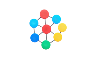 A colorful network of interconnected nodes, featuring a central red node surrounded by blue, green, and yellow nodes. png