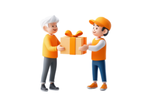 Two animated characters exchanging a gift box, showcasing a friendly interaction with bright, cheerful colors. png