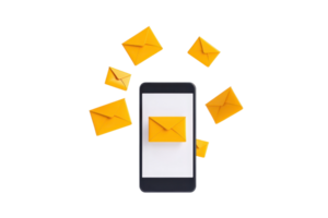 A smartphone displays an envelope, surrounded by multiple flying envelopes, symbolizing digital communication. png