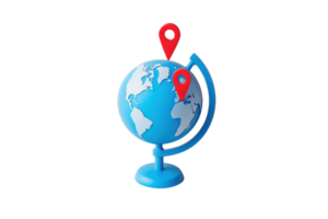 A colorful globe featuring two red location markers indicating specific places around the world. png