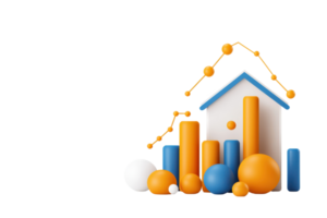 A stylized house with colorful geometric shapes representing data and growth analytics, featuring bars and spheres in blue, orange, and white. png