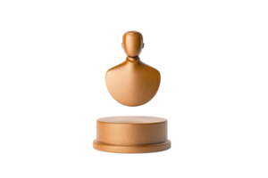 A sculptural figure in a bronze finish, featuring a stylized bust above a circular base. png