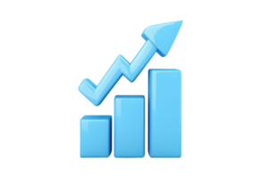A blue graph icon depicting upward growth with three bars and an arrow indicating increasing performance or metrics. png