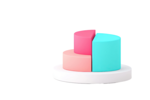 A colorful, segmented 3D pie chart with distinct sections in pink, blue, and coral, placed on a white circular base. png