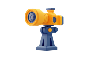 A vibrant, stylized camera on a sturdy tripod, showcasing a playful design and bright colors. png