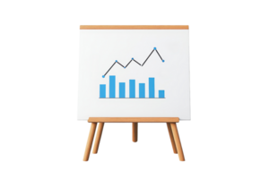 A chart displaying a line graph and bar graph illustrating data trends on a presentation easel. png