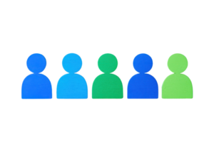 A series of stylized human figures arranged in a row, each featuring a different shade of blue and green. png