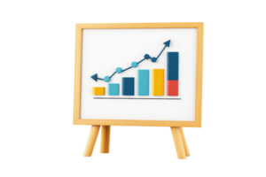 A framed chart on an easel displaying a rising graph with colorful bars and arrows indicating growth and progress. png