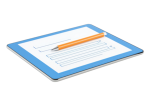A digital tablet displaying a form with a pencil resting on top, highlighting modern technology and productivity. png