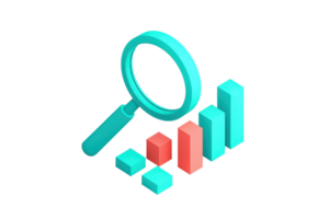 A magnifying glass focuses on ascending bar graphs representing data analysis and growth trends. png