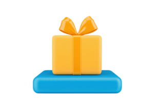 A vibrant yellow gift box with a bow sits atop a blue platform, symbolizing celebration and surprise. png