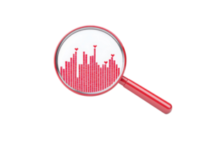 A red magnifying glass highlights sound wave bars in a vibrant design, emphasizing the audio spectrum. png