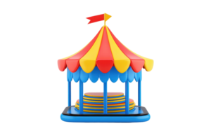 A colorful carnival gazebo featuring red and yellow stripes, topped with a small flag and supported by blue columns. png