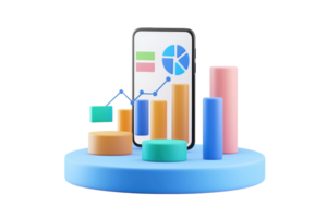 A smartphone displays colorful graphs and bar charts alongside various geometric shapes representing data analysis. png