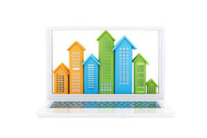 A laptop displaying colorful house-shaped graphs, symbolizing data analysis or real estate trends. png
