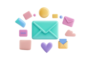Colorful 3D envelope and various shapes representing communication, including hearts and squares, creating a playful theme. png