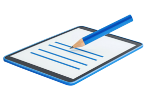 A tablet with a pencil placed on a lined paper interface, ready for note-taking or drawing. png