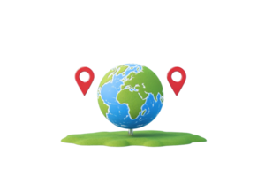 A globe with two location markers on a grassy base, symbolizing geography and navigation. png