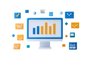 A computer monitor displaying colorful bar graphs and various icons representing data analysis and e-commerce. png
