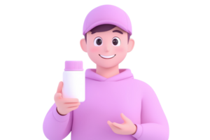 A cheerful character in a pink hoodie and cap holding a white bottle, smiling warmly at the viewer. png