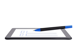 A digital tablet displaying a blank form with a blue pen placed on it. png