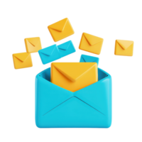 A colorful mail envelope with smaller envelopes flying out, symbolizing communication and message delivery. png