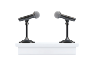 Two black microphones positioned on a white podium, ready for use, emphasizing a setting for speeches or performances. png