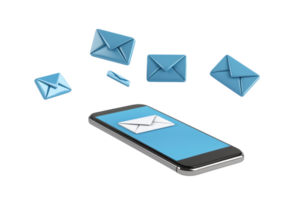 A smartphone displaying an envelope icon with floating blue envelopes representing incoming messages. png
