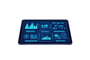A sleek tablet displaying various blue digital graphs and data visualizations. png