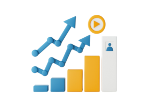 A graphic representation of ascending growth metrics including bar graphs and upward arrows, symbolizing progress and achievement. png