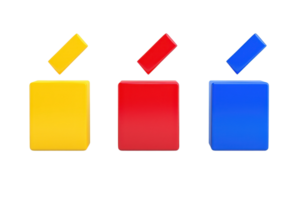 Three colorful blocks in yellow, red, and blue, each with a smaller block resting on top at an angle. png