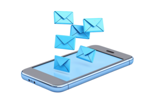 A smartphone with floating email icons illustrates digital communication and messaging technology. png