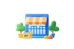 A charming store front with a colorful awning, flanked by trees and shopping bags, representing a welcoming shopping experience. png