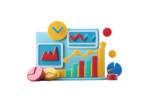 A colorful 3D illustration of various charts and graphs representing data analysis and statistics. png