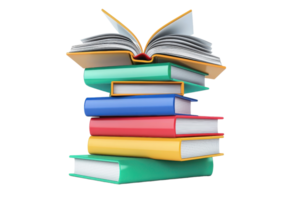 A stack of colorful books with an open book on top, showcasing various sizes and vibrant covers. png