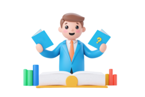 A cheerful character in a blue suit holds two books while standing beside an open book, symbolizing learning and inquiry. png
