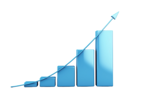 A blue bar graph with ascending bars demonstrates growth, topped with an upward-pointing arrow. png